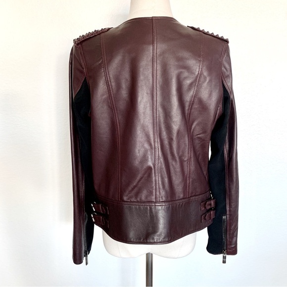 Nour Hammour Oxblood Red Erin Studded Real Leather Fitted Motorcycle Jacket - Picture 5 of 16